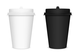 Vector realistic set of images (mockup, layout) of black and white closed paper cups for coffee (or other beverages) with lids. The image was created using gradient mesh. Vector EPS 10.