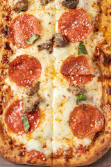 Pepperoni and Italian sausage flat brad from above