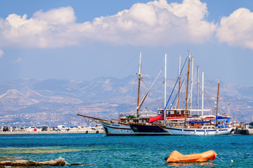 Boat at Paros island with beautiful view to Naxos island, Greece.