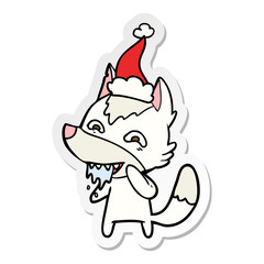 sticker cartoon of a hungry wolf wearing santa hat