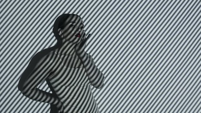 Projection of black lines on the girl’s face and body on white background. Face of girl with an abstract pattern of lines and red lips. Illumination from the blinds in the room. Concept. Body art.