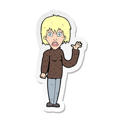 sticker of a cartoon shocked woman waving hand