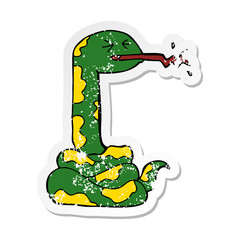 distressed sticker of a cartoon hissing snake