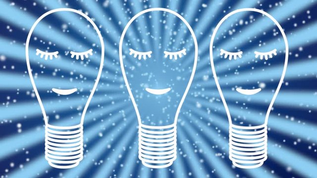 Three sleeping lamps, painted with a white outline on a blue background. Rotating rays. Character slava drawing.