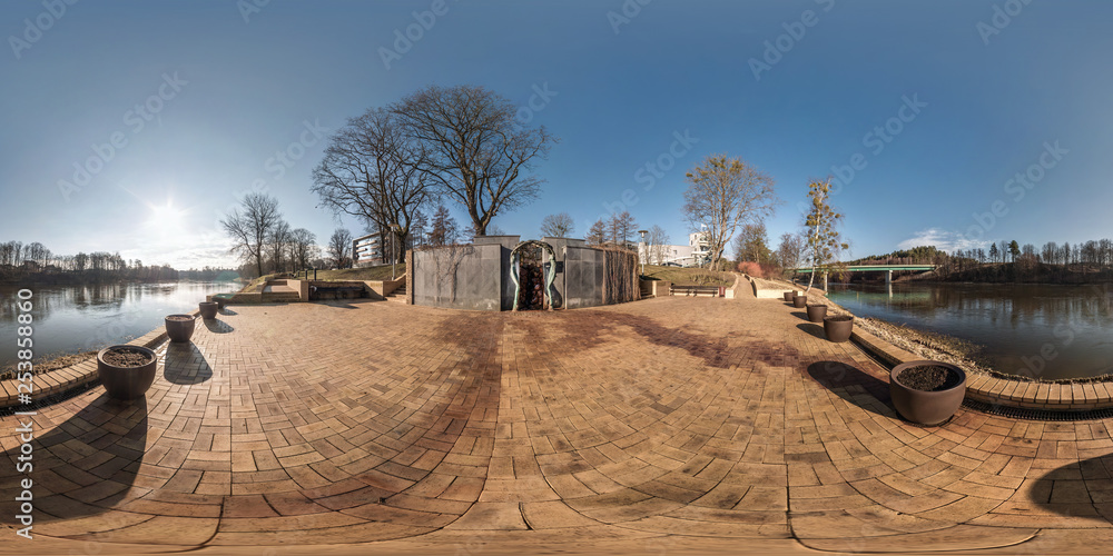 Wall mural full seamless spherical panorama 360 degrees angle view on the shore of width river neman near bridg