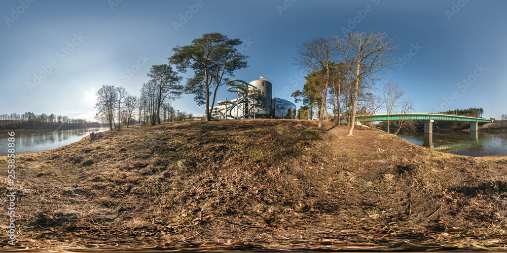 Wall mural full seamless spherical panorama 360 degrees angle view on the shore of width river neman near bridg