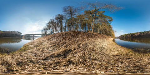 full seamless spherical panorama 360 degrees angle view on the shore of width river neman near bridge in sunny morning in equirectangular projection, ready VR AR virtual reality content