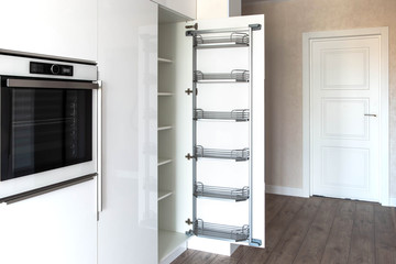 Ultra flexible storage solution for deep cabinets. Door shelf with height-adjustable  trays. Perfectly organized storage. 