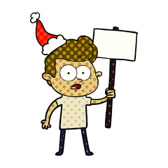 comic book style illustration of a staring man wearing santa hat