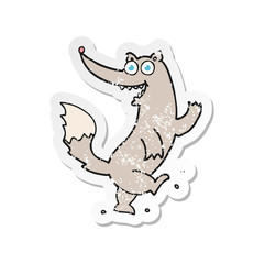 retro distressed sticker of a cartoon happy wolf dancing