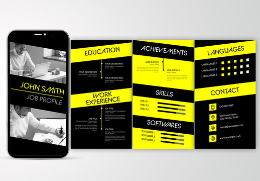 Mobile Resume Layout with Black and Yellow Accents