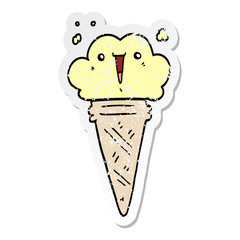 distressed sticker of a cartoon ice cream with face