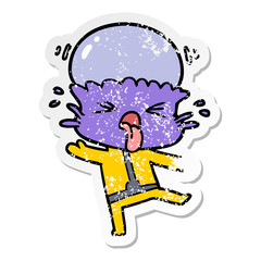 distressed sticker of a weird cartoon alien