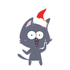 funny flat color illustration of a cat wearing santa hat