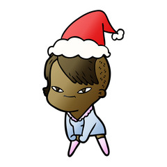 cute gradient cartoon of a girl with hipster haircut wearing santa hat