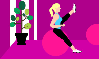 Beautiful young woman doing exercises in a fitness studio. Girl exercising fitness training. People vector illustration. 