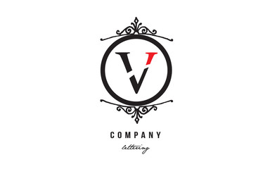 v black white red decorative monogram alphabet letter logo icon design