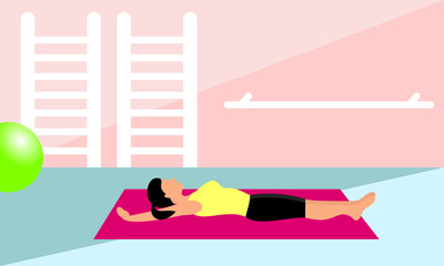 Beautiful young woman doing exercises in a fitness studio. Girl exercising fitness training. People vector illustration. 