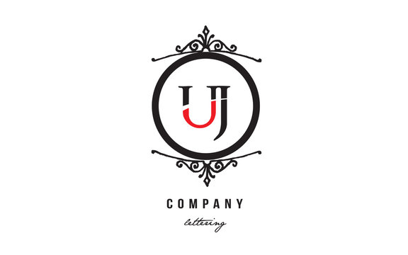 UJ U J red white black decorative monogram alphabet letter logo combination icon design