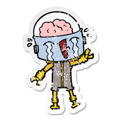 distressed sticker of a cartoon crying robot waving