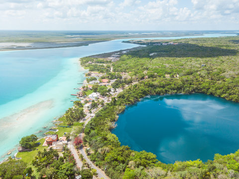 Mexico, Yucatan, Quintana Roo, lagoon of Bacalar, drone image