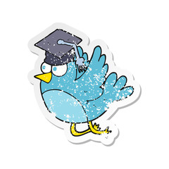 retro distressed sticker of a cartoon bird wearing graduation cap