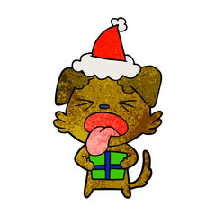 textured cartoon of a dog with christmas present wearing santa hat
