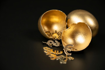 The broken Golden egg, and from it poured out the Golden symbols of the dollar, Euro, profit.