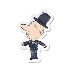 retro distressed sticker of a cartoon man wearing top hat