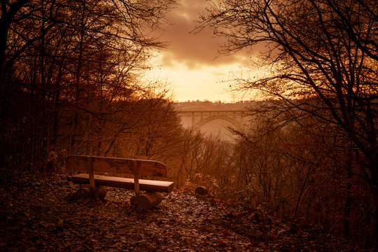 Germany, Muengsten Bridge between Solingen and Remscheid at twilight