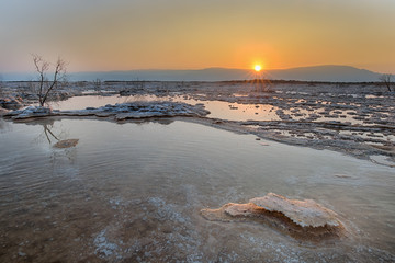 Dead Sea, Ein Bokek, Israel - February 18: Sunrise at the Dead Sea of Ein Bokek Dead Sea, Israel 