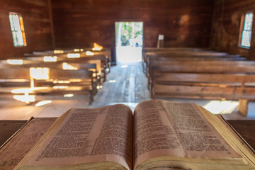 Bible and church pews at Cades Cove Primitive Baptist Church, Great Smoky Mountains National Park