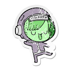 distressed sticker of a cartoon astronaut woman
