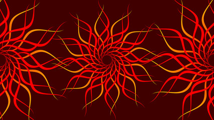 Red & orange rotating patterned colorful spiral. Abstract waves background. Rotating magical spirals. Illusion movement effect background. Energy colorful background for music and event. Psychedelic