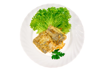 Fish dish from the restaurant. isolated background. view from above. side view