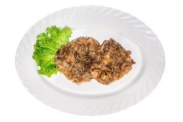  meat dish from the restaurant cutlet. isolated background. view from above. side view