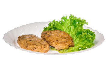  meat dish from the restaurant cutlet. isolated background. view from above. side view