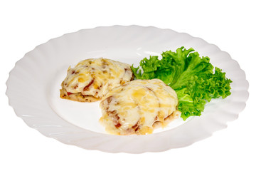  meat dish from the restaurant cutlet. isolated background. view from above. side view