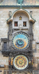 Prague Orloj, a medieval astronomical clock mounted on the southern wall of Old Town Hall at Old Town Square of Prague, Czech Republic