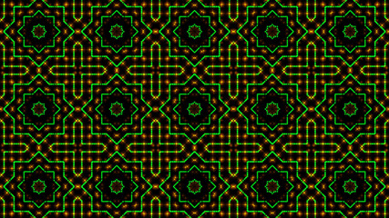 Animated light shinning green and yellow dots and stars geometrical shapes. Bright shinning colored dots and stars with 3D camera movement. Abstract background with neon and stars and dots effect.