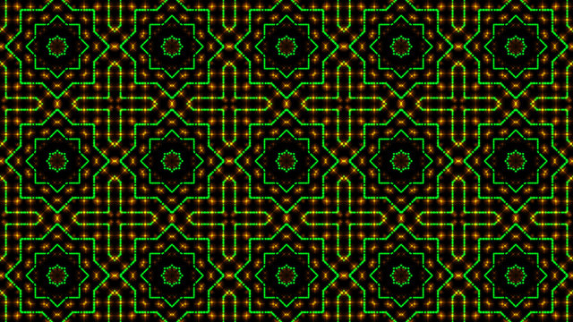 Animated light shinning green and yellow dots and stars geometrical shapes. Bright shinning colored dots and stars with 3D camera movement. Abstract background with neon and stars and dots effect.