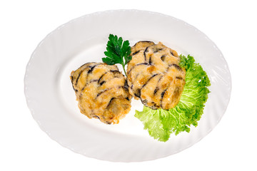  meat dish from the restaurant cutlet. isolated background. view from above. side view