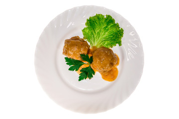  meat dish from the restaurant cutlet. isolated background. view from above. side view