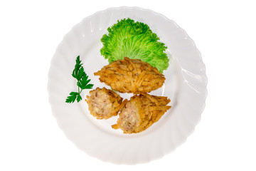  meat dish from the restaurant cutlet. isolated background. view from above. side view