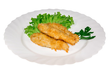 Fish dish from the restaurant. isolated background. view from above. side view