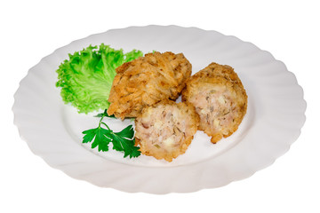  meat dish from the restaurant cutlet. isolated background. view from above. side view