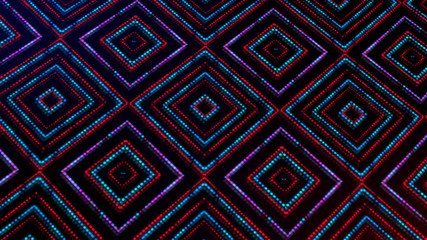 Animated light shining dots square shapes. Bright shining blue and red colored dots (round lights) with 3d camera  movement. Abstract background with dots in space 3d illustration. Neon light effect