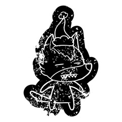 cartoon distressed icon of a wolf showing teeth wearing santa hat