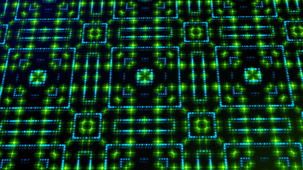 Fototapeta premium Animated light shinning green and blue dots and stars square shapes. bright shinning colored dots and stars with 3D camera movement. Abstract background with neon and stars and dots effect