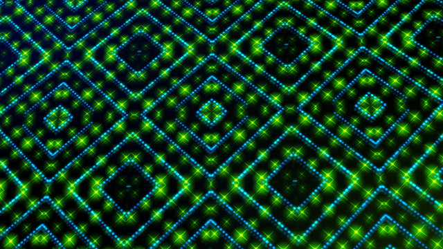Animated light shinning green and blue dots and stars square shapes. bright shinning colored dots and stars with 3D camera movement. Abstract background with neon and stars and dots effect